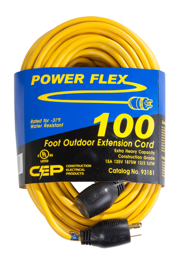 extension cord 12/3 SJTW 100 ft  yellow vinyl twist lock Power Flex