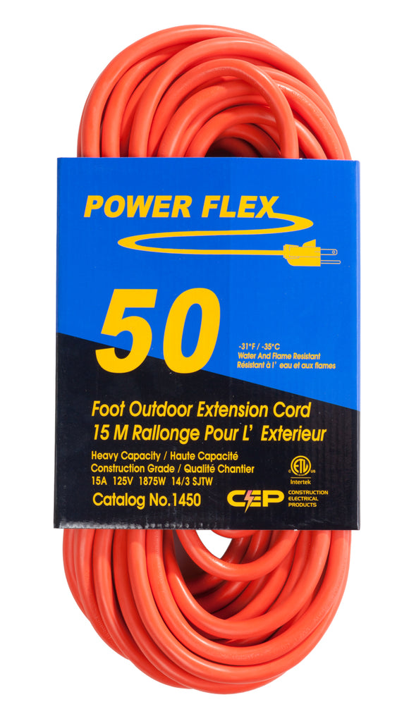 extension cord 14/3 SJTW 50 ft U-Ground, -31F CSA orange Power Flex   (old CEP #: 1450)