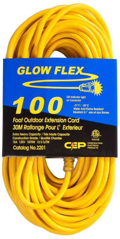 extension cord 12/3 SJTW lighted triple tap 100 ft U-Ground, -31F CSA yellow Glow Flex   (old CEP #: 2218)