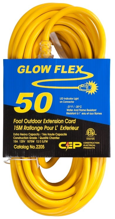 extension cord 12/3 SJTW lighted 50 ft U-Ground, -31F CSA yellow Glow Flex