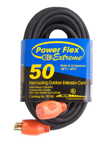 extension cord Power Flex Extreme 12/3 SJTOW 50 ft twist lock, L5-20, black rubber alloy