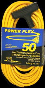 extension cord 12/3 SJTW triple tap 100 ft U-Ground, -31F CSA yellow Power Flex   (old CEP #: 1218)